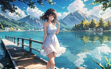 anime girl standing on a pier by the water