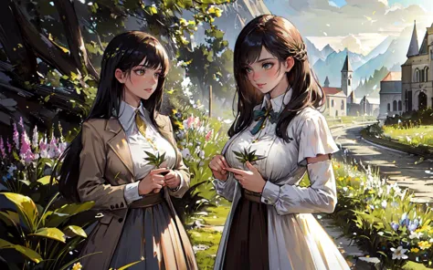 anime girls in dresses standing in front of a castle with a flower