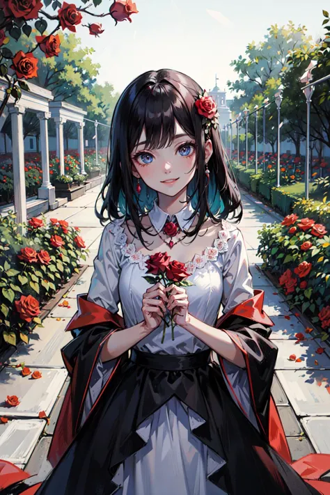 anime girl with blue eyes and black hair holding a rose