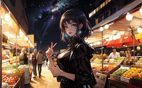 anime girl in a black dress standing in a market with a lot of fruit