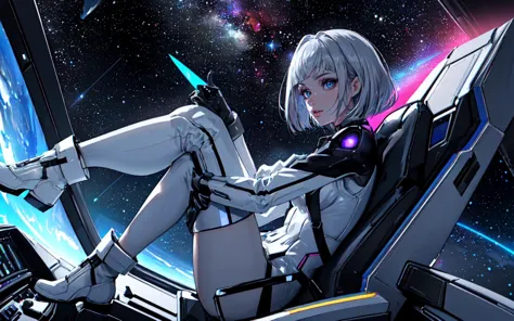 anime girl sitting in a spaceship with a spaceship in the background