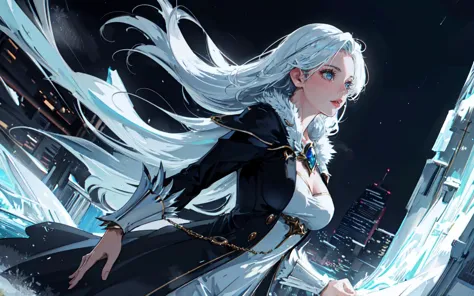 anime girl with long white hair and black dress in the snow