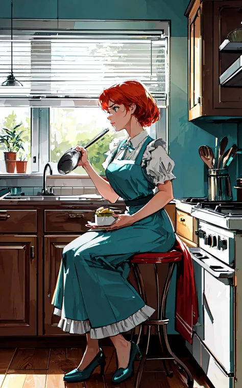 (full body, wide angle, style of Hasselblad,cinematic establishing shot:1.3),photo of early twenties woman sitting++ in kitchen from the side head turned look at window,available light,classic black Mary Jane shoes,classic 1950's style kitchen,authentic time period details,vintage American home,nostalgic ambiance,housewife character,seated on an undersized chair,gazing thoughtfully out the window,embodying a melancholy mood. Outfit: elegant aqua dress with crisp white collar and trim,period-accurate style,auburn hair styled in a typical 1950s fashion,ginger feature,thoughtful expression,wearing white apron++. Kitchen setting: oven,stove,(vibrant reddish orange cabinets),chrome handles and formica countertops,intage rotary phone,window blinds casting striped shadows,potted plant,toaster oven,hanging kitchen utensils,smooth lighting,