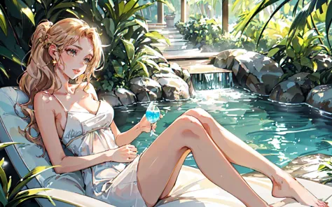 anime girl sitting on a lounge chair by a pool