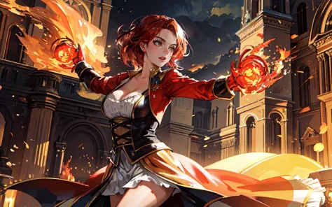 (clothed, masterpiece, wide angle, cinematic establishing shot, young adult european woman, highly detailed background:1.2), volumetric lighting, subsurface scattering, dynamic pose, (special effects, color grading, fantasy aura), (Fire Dancer:1.4), (Cleavage, Large Covered breasts:0.81), Dancing flames, rhythmic movement, fiery dress, blazing torches