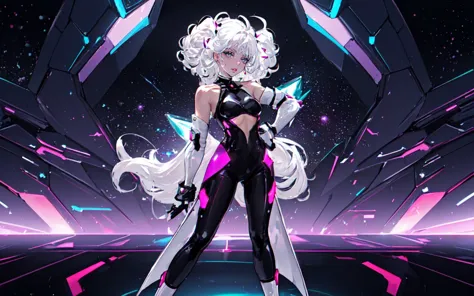 a woman in a futuristic outfit standing in front of a neon background