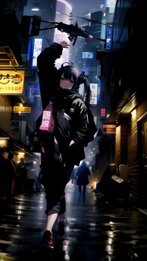 anime girl walking down a city street in the rain