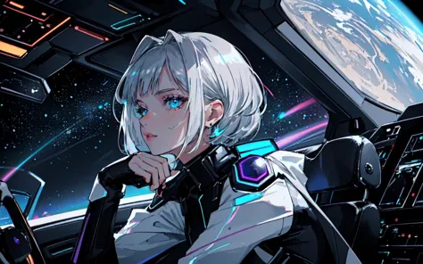 (over the shoulder:1.1), movie still, side view, spaceship cockpit, beautiful young skinny auburn caucasian adult woman sitting in spaceship cockpit looking over shoulder at viewer, glowing holographic instruments, (beautiful face:1.11), from behind, smart fabric jumpsuit:1.3, lightweight structured jacket with sharp geometric lines, utility belt, kneehigh boots, fingerless gloves, (large spaceship cockpit with highly polished flooring and stellar view), backlit hair, perfect face, (pale freckles:0.6), (black and silver accents), perfect eyes, (studio lighting:0.3), low key, thin pouting lips, (white bob hair, ombre++ hair:1.2), wide set soft+ turquoise++ eyes, skin pores, (small retrousse nose:1.2), (pale skin), ultra detailed, (Intricate Environment)++, best quality, masterpiece, dramatic angle, highest detailed face, eyelid shimmer makeup, silver eyeshadow, iridescent cheekbones, muted rose lips, deep space blue, BREAK, starlight silver, nebula pink, and black hole black, planetary rings, asteroid clusters, geometric shapes, angular contours, Holographic control panels, chiaroscuro effects, reflective surfaces, starfilled skies, distant galaxies, Chrome finishes, brushed steel, shimmering surfaces, iridescent materials, Minimalist design, clean lines, modernistic details, 8k, best quality, masterpiece, (large covered breasts:0.9)