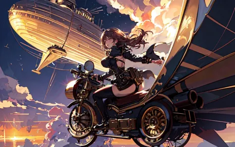 anime girl riding a motorcycle with a large ship in the background