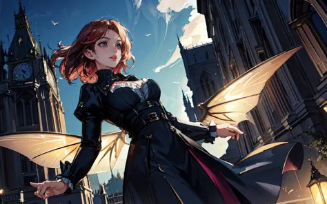 anime girl in a black dress with a red cape and a clock tower in the background