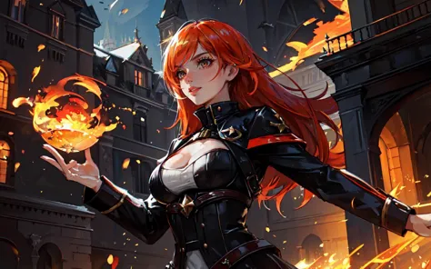 anime girl with red hair and black leather outfit holding a fire ball