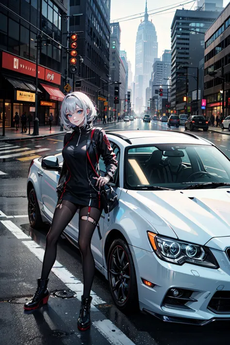 ((best quality, masterpiece, absurbres, super-resolution)) Cybernetics, Futuristic Girl, floating car, urban skylines