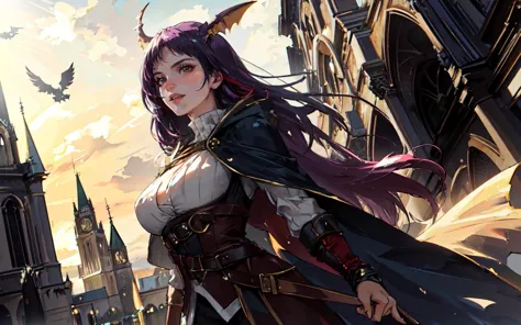 anime girl with purple hair and a cape standing in front of a castle