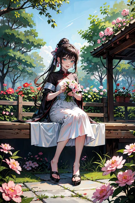 anime girl sitting on a bench with flowers in her hand