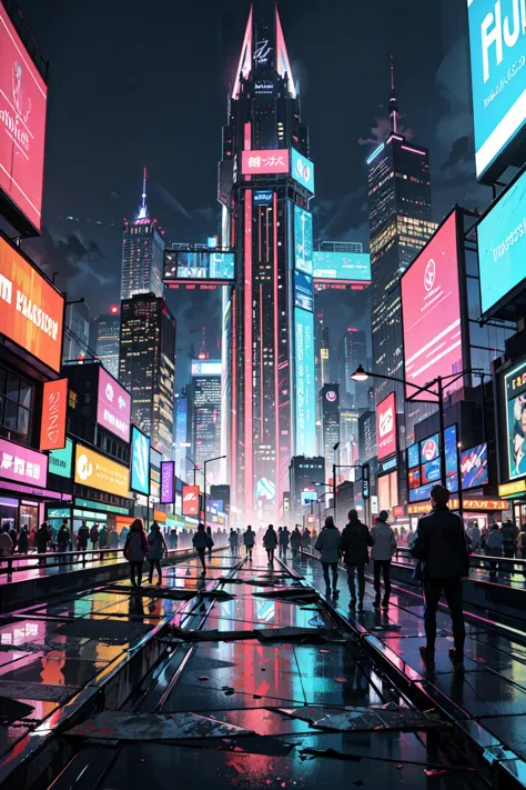 ((best quality, masterpiece, absurbres, super-resolution)) Panoramic View, Vivid Colors, Fantasy Landscape, City of Neon Lights