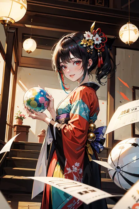 anime girl in kimono outfit holding a globe in her hand