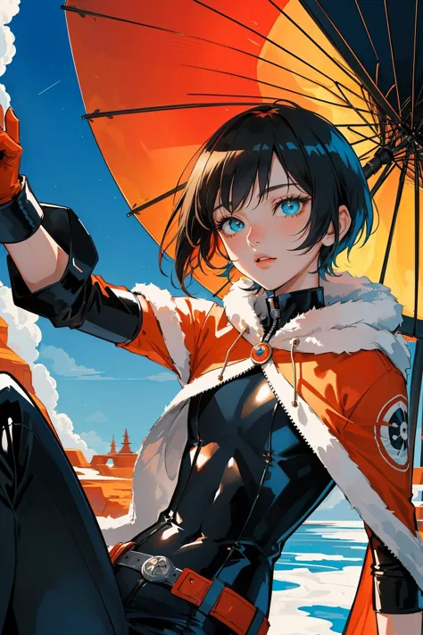 anime girl with orange and black outfit holding an umbrella