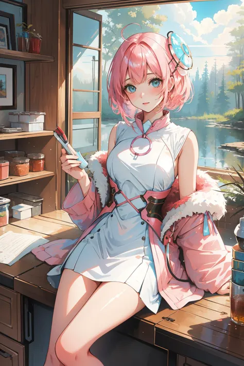 anime girl sitting on a desk with a cell phone in her hand