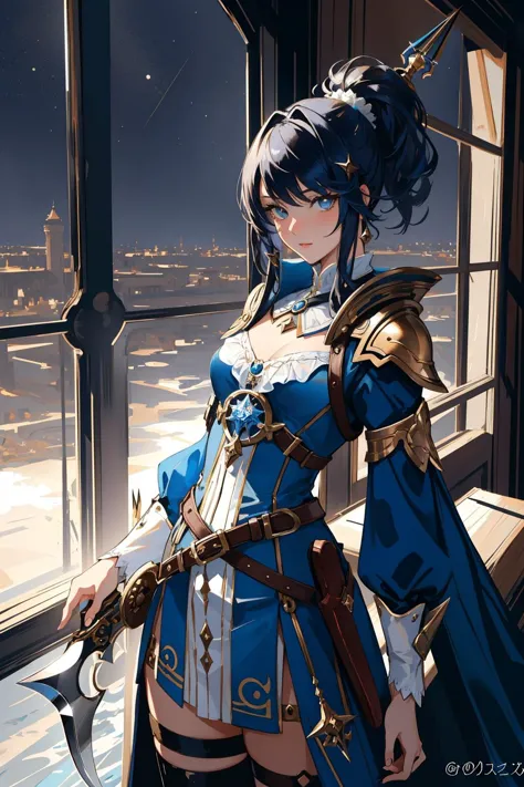 a woman in a blue dress holding a sword standing in front of a window