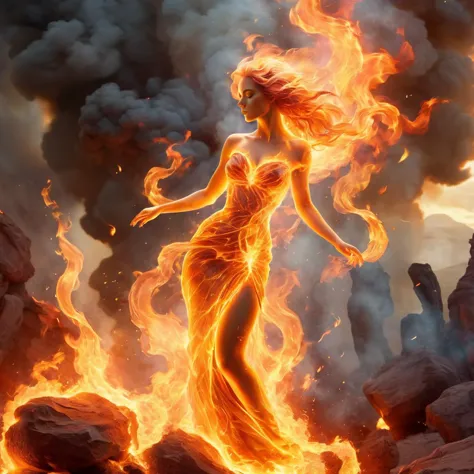 a woman in a dress is standing on a rock with fire