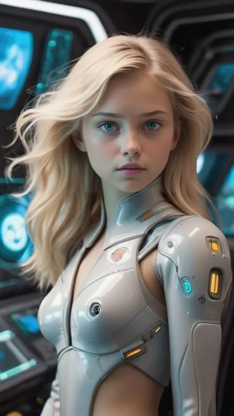 Amidst the futuristic command center of a spacecraft, an extraordinary naked 18-year-old blonde girl stands with unwavering dete...