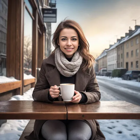 1woman sits with The perfect cup of coffee on the table on a winters day,hdr,dramatic,canon50,highres,absurdres,incredibly absurdres,huge filesize,happy,excited,friendly,Bustling city,