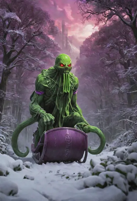 Green Cthulhu, tentacles, toxic green glow, wearing a red and white Santa outfit, riding a sleigh pulled by rabid mutant wolves, as terrified villagers run and hide, Super high definition, ancient purple and green forest decorated for Christmas, HDR, Dark vaporwave color palette, huge twisting vines, snowy town decorated for Christmas