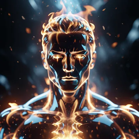 a close up of a man with a glowing face and a glowing body