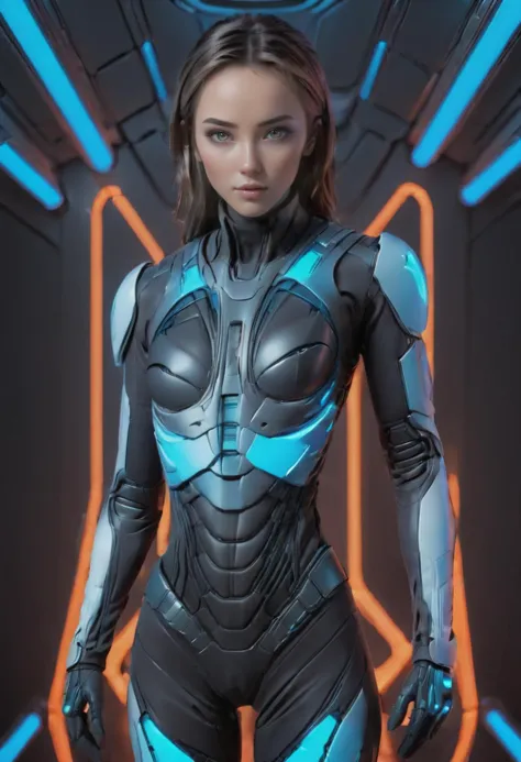 a woman in a futuristic suit standing in front of a neon background