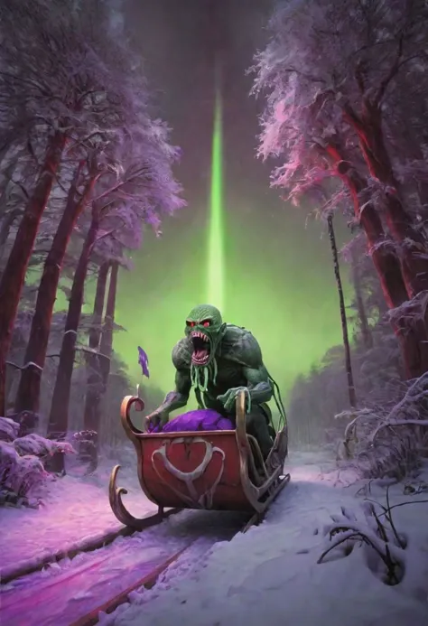 Green Cthulhu, tentacles, toxic green glow, wearing a red and white Santa outfit, riding a sleigh pulled by rabid mutant wolves, as terrified villagers run and hide, Super high definition, ancient purple and green forest decorated for Christmas, HDR, Dark vaporwave color palette, huge twisting vines, snowy town decorated for Christmas