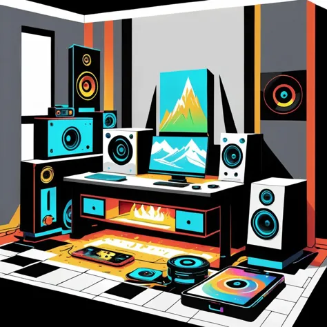 T shirt design TshirtDesignAF AI-controlled Workstation, Speakers,Smartphone,Mop and Bucket, Vinyl,Tapisserie Basse tapestry,Marble stone, Fireplace, Downlighting, Cyber-occultism,   <lora:TShirtDesignRedmondV2-Tshirtdesign-TshirtDesignAF:1>