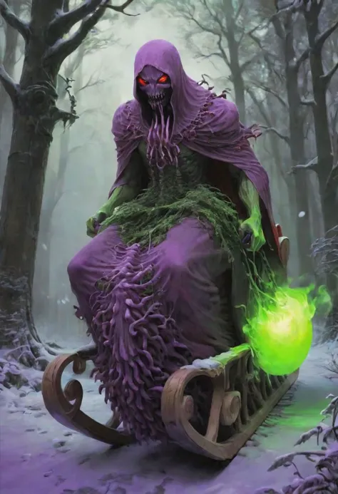 Green Cthulhu, tentacles, toxic green glow, wearing a red and white Santa outfit, riding a sleigh pulled by rabid mutant wolves, as terrified villagers run and hide, Super high definition, ancient purple and green forest decorated for Christmas, HDR, Dark vaporwave color palette, huge twisting vines, snowy town decorated for Christmas