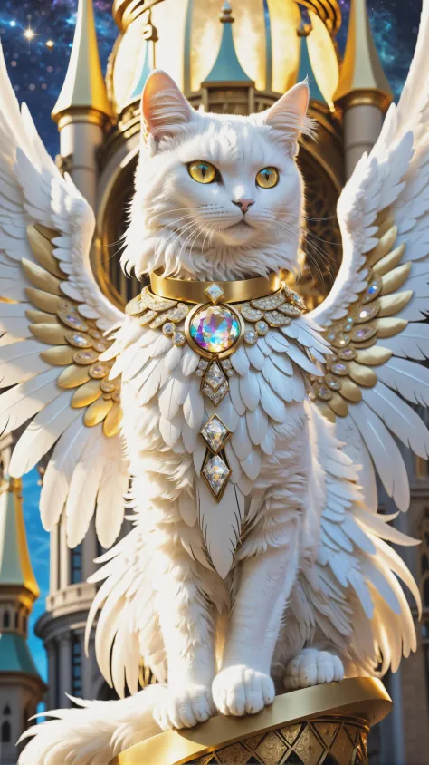 8k, Fluffy White Angel cat perched upon golden bejeweled tower in a heavenly utopian city, huge feathery angel wings, glowing ne...