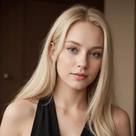 a close up of a woman with long blonde hair wearing a black dress