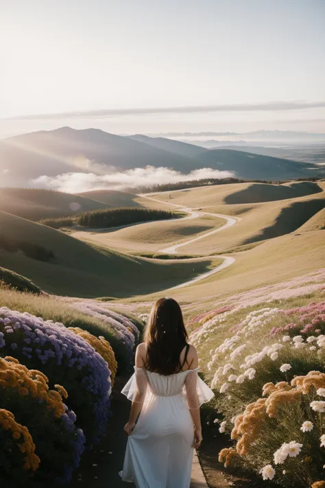 a woman in a white dress walking down a path in a field