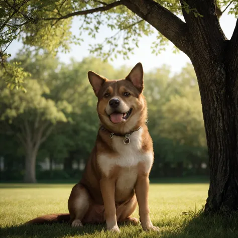 a dog sitting under a tree, extreme detail, hyper realistic,