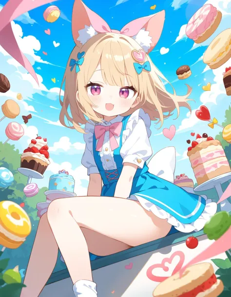 anime girl sitting on a table with a lot of cakes and donuts