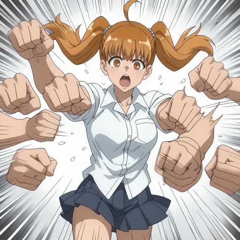 <lora:YoshiXLpony001:0.8>,
solo,looking at viewer,
Yoshi,1girl,orange hair,twintails,orange eyes,
white shirt,
pleated_skirt,
BREAK
<lora:rushpunchXLpony002:0.8>,
rushpunch,punching,multiple hands,fists,clenched fists,(motion_blur:1.2),(motion line:1.1),speed_lines,