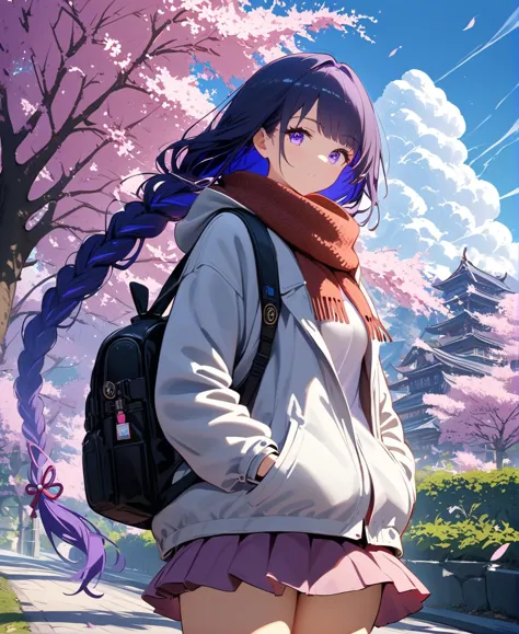 anime girl with long hair and a backpack standing in front of a tree