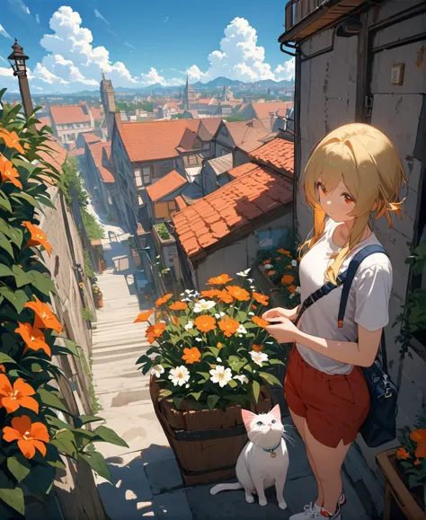 best quality,masterpiece,Lumine,
1girl,orange skirt,cat,plant,outdoors,bag,shirt,flower,potted plant,white shirt,day,short hair,sky,short sleeves,orange flower,orange shorts,flower pot,skirt,building,shoes,cloud,shoulder bag,solo,shorts,standing,scenery,blue sky,white cat,red shorts,(upper_body:1.4),(top view:1.4),(overlooking:1.2),