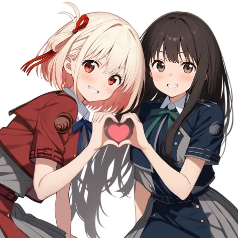 lycoris uniform,inoue takina,nishikigi chisato,multiple girls,2girls,grey dress,two-tone dress,ribbon,red dress,smile,dress,looking at viewer,pleated dress,blue dress,white background,neck ribbon,red belt,blue ribbon,heart,heart hands,simple background,shirt,collared shirt,belt,green ribbon,white shirt,grin,school uniform,brown eyes,blush,short sleeves,
very aesthetic,absurdres,