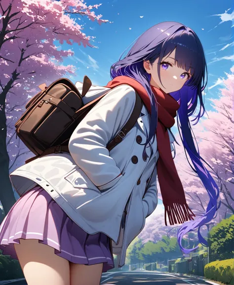 anime girl with backpack walking down a road in a park