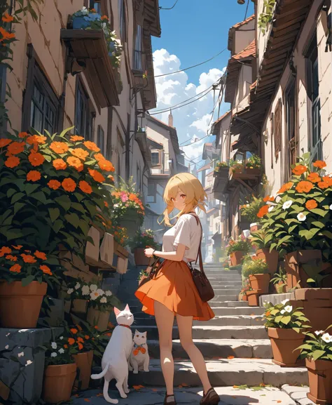 best quality,masterpiece,Lumine,
1girl,orange skirt,cat,stairs,plant,outdoors,bag,shirt,flower,potted plant,white shirt,day,short hair,sky,short sleeves,orange flower,orange shorts,flower pot,skirt,building,shoes,cloud,shoulder bag,solo,shorts,standing,scenery,blue sky,white cat,red shorts,upper_body,