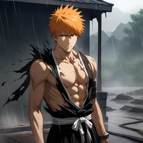 1boy,male focus,kurosaki ichigo,bleach,black hakama,tensa zangetsu (bankai),torn clothes,outdoors,rain,pectoralasterpiece),(best quality),(ultra-detailed),very aesthetic,illustration,disheveled hair,perfect composition,moist skin,intricate details,