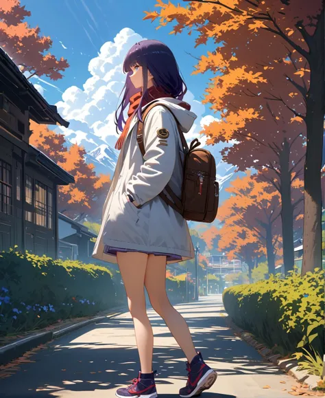 anime girl walking down a street with a backpack and backpack