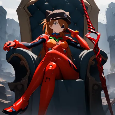 1girl,souryuu asuka langley,neon genesis evangelion,rebuild of evangelion,lance of longinus,cat hat,plugsuit,pilot suit,red bodysuit,sitting,crossed legs,black eye patch,throne,looking down,from bottom,looking at viewer,outdoors,masterpiece,best quality,very aesthetic,absurdres,