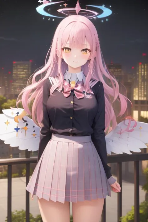 masterpiece,best quality,cityscape, school uniform,star halo, pink gradient hair, yellow eyes,white star wings,  <lyco:MisonoMika-000006:0.9>