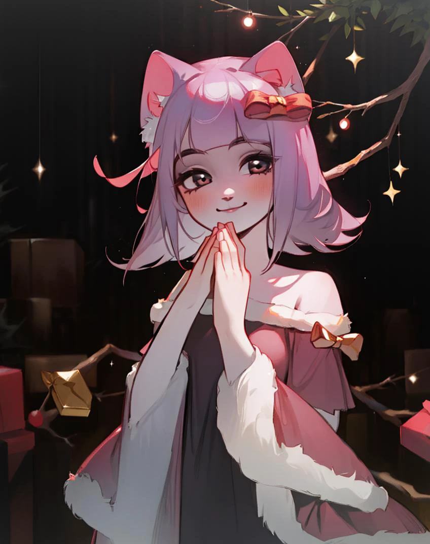 ((masterpiece)), (detailed face), 1 girl,  fullbody, girl gives present, pov, happy smile, cat ears, beautiful hands, santa dress, (((present in hands))), christmas tree on background , soft sparkles