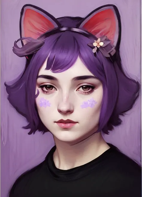 cartel retrato de masunya realista, (color de piel morado:1.1), orejas de gato, solo, por Jeremy Lipking, por William Bouguereau, (by Alphonse Mucha:0.5), por d-art sfw 