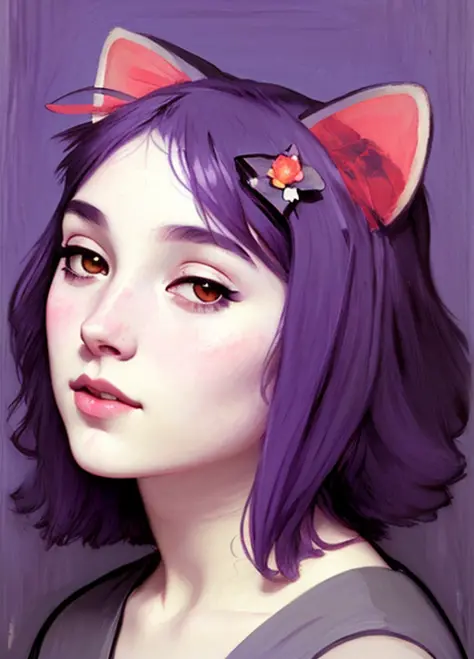poster portrait of realistic masunya, (purple skin color:1.1), cat ears, solo, by Jeremy Lipking, by William Bouguereau, (by Alphonse Mucha:0.5), by d-art , sfw 